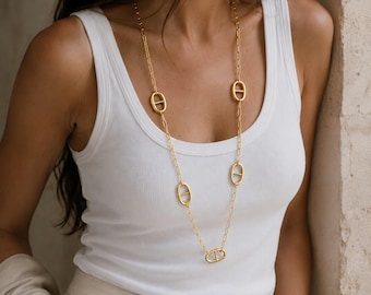 collier long sautoir doré argenté maille marine acier inoxydable nez de cochon - cadeau idée femme-collier tendance - collier femme
