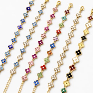 Exquisita pulsera multicolor de trébol en acero inoxidable con brillantes diamantes de imitación de colores, elegante joyería minimalista de verano, ajustable, regalo para ella.