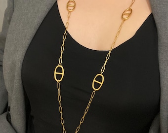 Lange ketting, sautoir ketting, goud en zilverkleurig marine mesh, roestvrijstalen varkensneus - cadeau-idee voor vrouwen - Y-ketting - damesketting