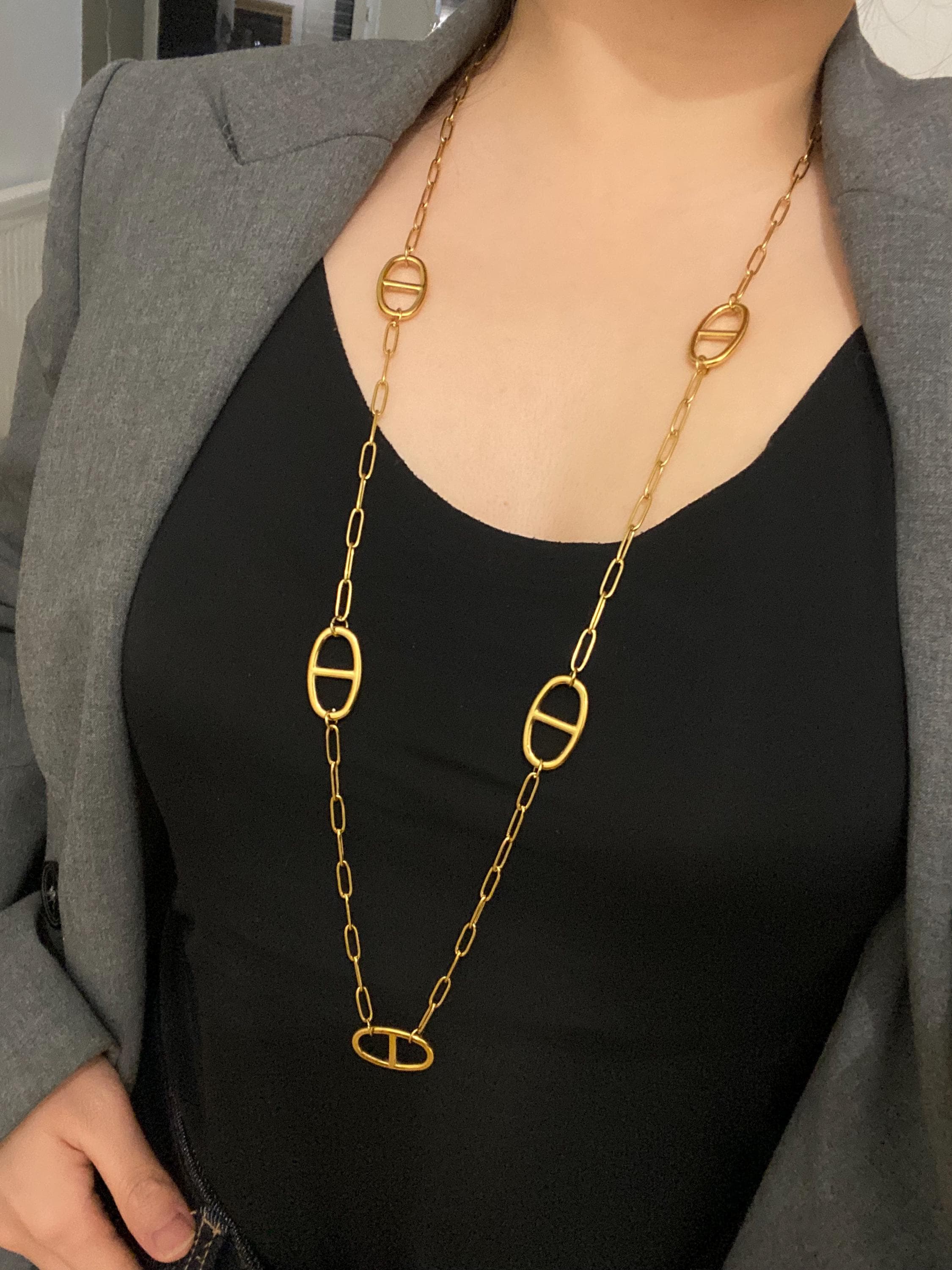 Sautoir Doré Maille Marine 97 Cm – Acier Inoxydable Avec Éléments Décoratifs D, Style Moderne Et Élégant, Fermoir Mousqueton Solide