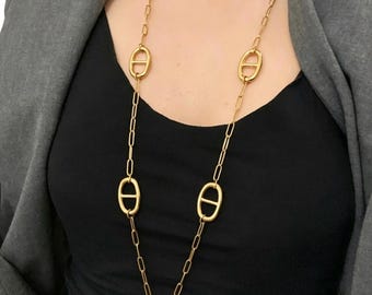collier long sautoir doré argenté maille marine acier inoxydable nez de cochon