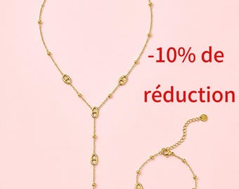 Duo collier Y et bracelet maille marine avec des perles, acier inoxydable, parure de bijoux minimaliste élégant tendance cadeau femme