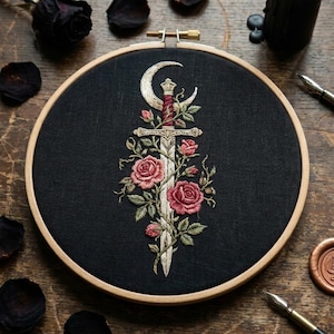 Broderimönster med halvmåne och svärdros | Gothic Dark Cottagecore Hoop Art (PDF-nedladdning)