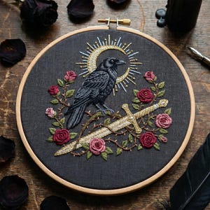 May include: A circular wooden embroidery hoop containing dark gray fabric with a hand-stitched design of a black raven perched on a gold sword. The scene includes a gold crescent moon with rays, surrounded by thorny vines and red and pink roses.