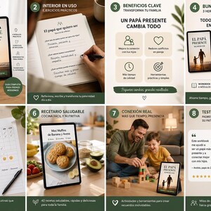 Puede incluir: Un paquete de productos digitales con un cuaderno de trabajo, un planificador y un libro de recetas. La imagen principal muestra una tableta con el texto "EL PAPÁ PRESENTE" y una ilustración de un padre y un hijo. Otras imágenes muestran el producto en uso.