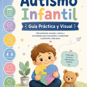 May include: A children's book cover titled "Autismo Infantil" (Childhood Autism) features a cartoon boy holding a puzzle heart. A teddy bear sits beside him. The cover includes text and colorful illustrations, with a rainbow and icons.