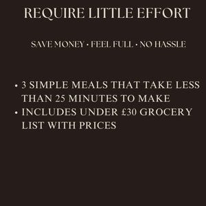 Può includere: Grafica marrone scuro con testo bianco che promuove pasti facili. Il testo recita "LAZY MEALS WHICH REQUIRE LITTLE EFFORT" e "SAVE MONEY • FEEL FULL • NO HASSLE". Elenca anche "3 SIMPLE MEALS THAT TAKE LESS THAN 25 MINUTES TO MAKE".