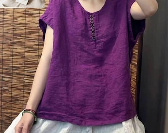 Pure Linen Loose Boho Blouse: Handmade Summer Tunic Top
