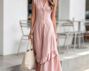 Handmade Linen Dress Asymmetric Ruffle Maxi Dress by TheLinenLabelCo