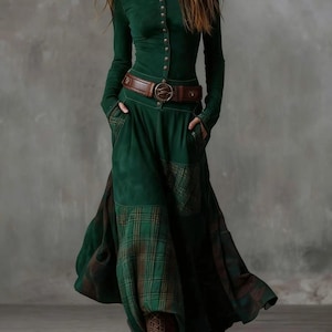 Boho Patchwork Maxi Skirt Set Forest Green Plaid Long Sleeve Dress TheLinenLabelCo