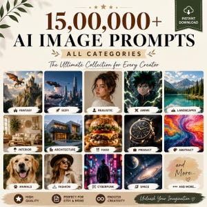 Può includere: Un grafico digitale intitolato 15,00,000+ AI IMAGE PROMPTS che presenta una griglia di dodici diversi esempi di immagini, tra cui fantasy, fantascienza, realistico, anime, paesaggi, interni, architettura, cibo, prodotto, astratto, animali e spazio.