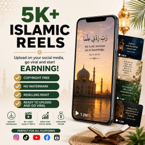 May include: A digital marketing graphic for 5K+ Islamic Reels featuring a smartphone displaying a mosque at sunset with the text My Lord, increase me in knowledge. The image includes a list of features, social media icons, and a small open book on a stand.
