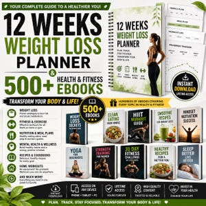 Puede incluir: Un planificador de pérdida de peso de 12 semanas con encuadernación en espiral, con una cubierta verde y blanca con texto. Incluye una colección de más de 500 libros electrónicos de salud y fitness, con varias portadas que muestran guías.