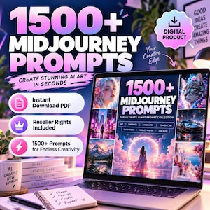 May include: A digital product advertisement for 1500+ Midjourney Prompts displayed on a laptop screen. The screen shows various AI-generated images and text. A white mug with text and a notebook with handwritten notes sit on the desk in front of the laptop.