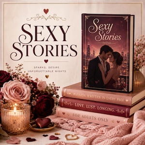 Puede incluir: Una pila de tres libros con el libro superior titulado Sexy Stories que muestra a una pareja en la portada. Los lomos dicen Passion Written In Every Page, Love, Lust, Longing y For Adults Only. La escena incluye una vela y detalles florales.