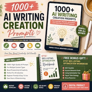 May include: A digital product bundle featuring 1000+ AI writing creation prompts displayed on a tablet screen, alongside an Etsy SEO listing optimization workbook. The design includes text, icons, and a gift box graphic on a dark green background.