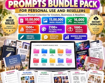 Könnte beinhalten: Ein digitales Produktpaket mit dem Titel Complete Prompts Bundle Pack für den persönlichen Gebrauch und Wiederverkäufer. Es enthält Listen mit 10.000.000 Prompts, 15.000.000 Bild-Prompts, 16.000 Mix-Prompts, 1500+ Midjourney-Prompts, 2100+ Malbuch-Prompts und 1000+ Hochzeits-Prompts.