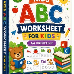 May include: A vibrant children's ABC worksheet book titled "KIDS ABC WORKSHEET FOR KIDS". The cover displays a bear reading, a sun, and illustrations of letters, animals, and objects. Includes alphabet practice, tracing fun, and coloring activities.