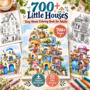 Peut inclure: Un livre de coloriage intitulé 700+ Little Houses Tiny House Coloring Book for Adults, présentant une illustration centrale d'un bâtiment méditerranéen à plusieurs étages aux murs bleus, roses et jaunes, entouré de quatre croquis de maisons plus petits.
