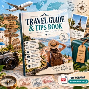 May include: A travel guide and tips book featuring a cover image of a person with a backpack overlooking a coastal town. The text reads Travel Guide & Tips Book, Plan Explore Save Travel Better, Small Tips Big Adventures, and Explore More Live Brighter.