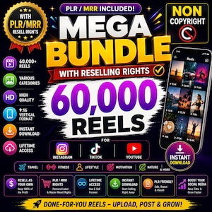 Op de afbeelding: Een digitale marketingafbeelding voor een megabundel van 60.000 reels met PLR- en MRR-wederverkooprechten. Het ontwerp bevat dikgedrukte gele en paarse tekst, iconen voor Instagram, TikTok en YouTube, en een smartphone met een raster van videocontent.