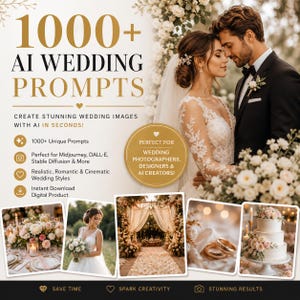 May include: A digital product advertisement titled 1000+ AI WEDDING PROMPTS featuring text about creating wedding images with AI. The graphic includes a photo of a bride and groom, plus smaller images of wedding decor, rings, and a cake.