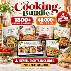 Könnte beinhalten: Ein digitales Koch-Bundle mit über 1800 E-Books und Artikeln, über 40.000 Rezeptbildern und Sofort-Download. Enthält einen Laptop und ein Tablet mit Rezeptsammlungen sowie Bücher mit den Titeln Healthy Recipes, Italian Cuisine, Baking Recipes, Quick & Easy Meals und Global Flavors. Wiederverkaufsrechte, PLR und MLR sind enthalten.