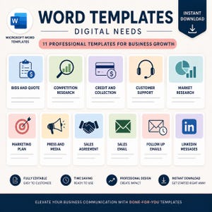 Peut inclure: Une collection numérique de 11 modèles Microsoft Word pour la croissance des entreprises, avec des icônes pour les offres, la recherche, le crédit, le support client, le marketing, la presse, les ventes, les e-mails et LinkedIn. Texte inclus.