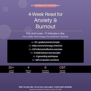 Könnte beinhalten: Werbung für ein 4-Wochen-Reset-Programm für Angstzustände und Burnout. Der violette Hintergrund zeigt Text wie "50+ geführte Journal-Eingabeaufforderungen" und "CBT-basierte Reflexionsübungen".