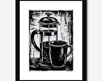 Woodcut Relief Print, French Press Coffee Mug, Cafe Decor (5"x7")