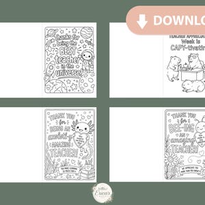May include: Four black and white teacher appreciation cards with various designs. One card says "Thanks for being the BEST teacher in the universe!" Another says "Teacher Appreciation Week is CAPY-tivating!"