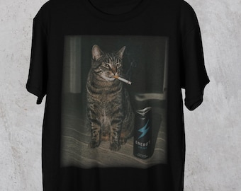 Funny Smoking Cat Shirt, Energy Drink Meme Graphic Tee, Vintage Bar Humor, Gift For Him Her, Unisex Weekend Party Top, Monster Red Bull