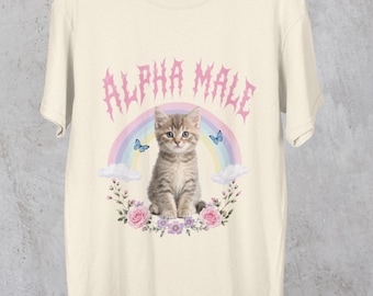 Alpha Male Funny Kitten T-Shirt, Ironic Cat meme Tee | Funny Joke Shirt Gag Gift | Sarcastic gift for Cat lovers | Bootleg Vintage Graphic