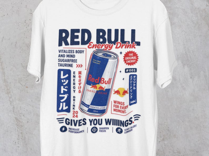 Red Bull Energy Drink Japanese Poster Parody T-Shirt | RedBull Tee , Ultra Gamer Graphic Tee, Funny Ad Monster Energy, Energy Drink Addict image 1