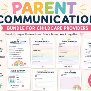 Könnte beinhalten: Ein digitales Kommunikationspaket für Kinderbetreuer mit sieben druckbaren Vorlagen, darunter ein Begrüßungsschreiben, Wochenberichte, Tageszusammenfassungen, Elternumfragen, Veranstaltungserinnerungen, Konferenzbögen und Notizzettel.