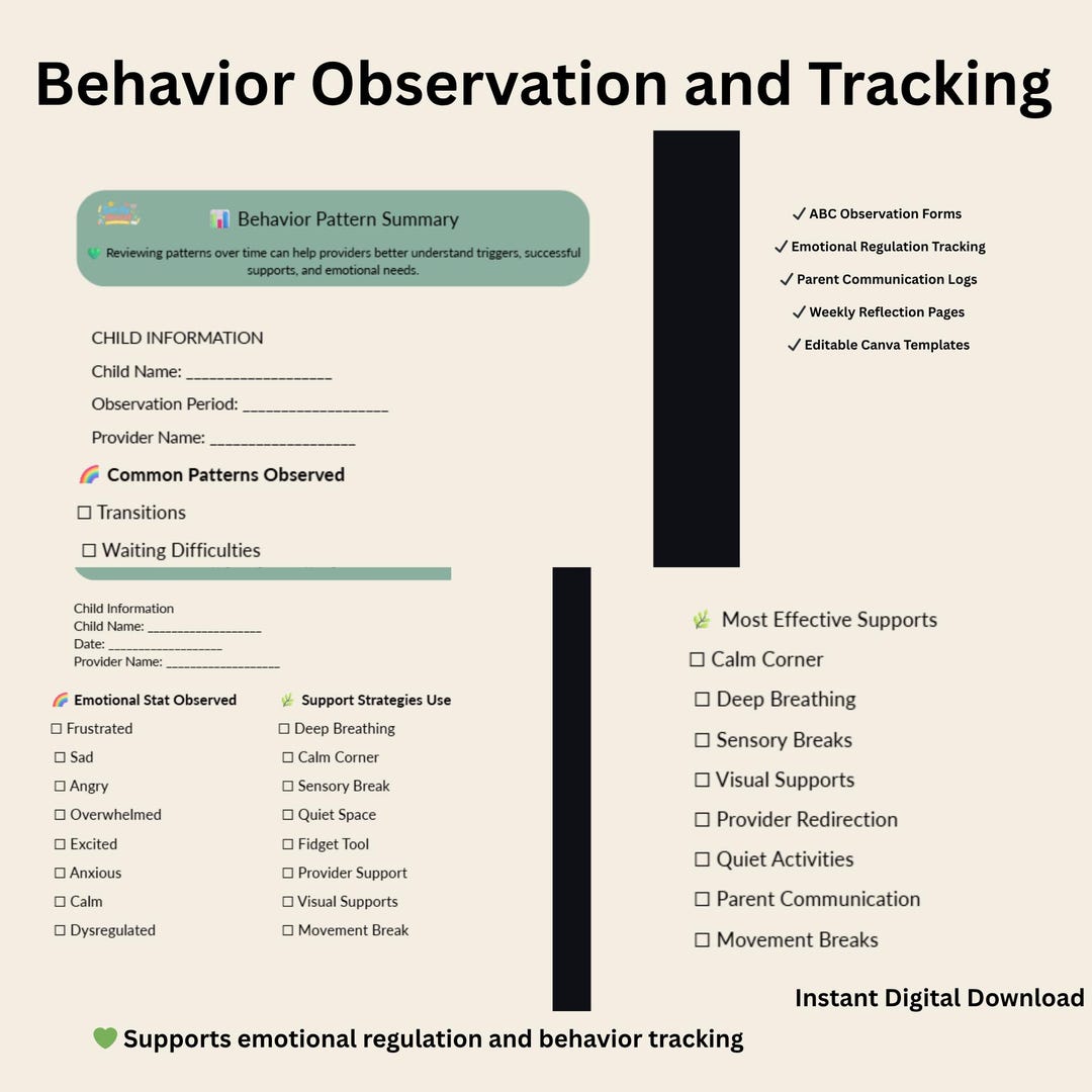 Childcare Behavior Tracking Forms: Observation, Emotional Regulation ...