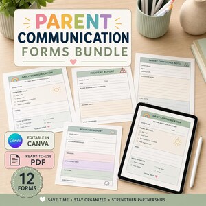 Könnte beinhalten: Ein Eltern-Kommunikations-Formularpaket mit zwölf druckbaren Dokumenten, darunter Tagesberichte, Vorfall- und Verhaltensprotokolle. Das Set enthält ein Tablet mit einem Formular, bearbeitbare Canva-Dateien und PDF-Versionen in Pastellfarben.