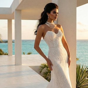 Elegante vestido de novia de encaje estilo sirena con cola – Vestido de novia sin tirantes – Vestido de novia para boda en la playa – Vestido de novia romántico ajustado – Novia de lujo