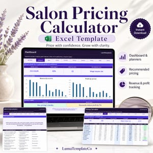 May include: A digital Excel template for salon pricing, featuring a dashboard with revenue and profit tracking. The template includes recommended pricing and planning tools. The text reads "Salon Pricing Calculator" and "Excel Template".