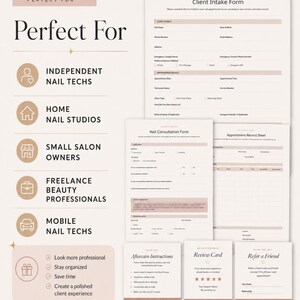 K&ouml;nnte beinhalten: Eine Sammlung druckbarer Nagelstudio-Formulare, darunter ein Kundenaufnahmeformular, ein Nagelberatungsformular und ein Terminprotokoll. Die Formulare sind f&uuml;r unabh&auml;ngige Nageltechniker, Heimanagelstudios und kleine Salonbesitzer konzipiert. Neutrale Farbpalette.