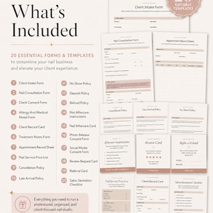 May include: A collection of 20 editable templates for a nail salon, including client intake forms, consent forms, and aftercare instructions. The forms are displayed on a light background with a pink accent.