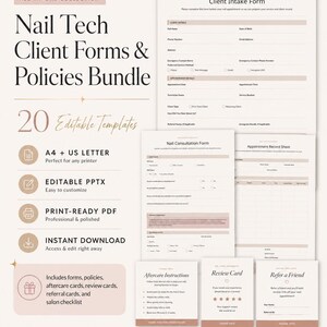 K&ouml;nnte beinhalten: Ein Bundle mit 20 bearbeitbaren Nagelstudio-Kundenformularen und -Richtlinien. Die Formulare umfassen Kundenaufnahme, Beratung und Nachsorgeanweisungen. Die Vorlagen sind in A4- und US-Letter-Gr&ouml;&szlig;en erh&auml;ltlich und einfach anzupassen und zu drucken.