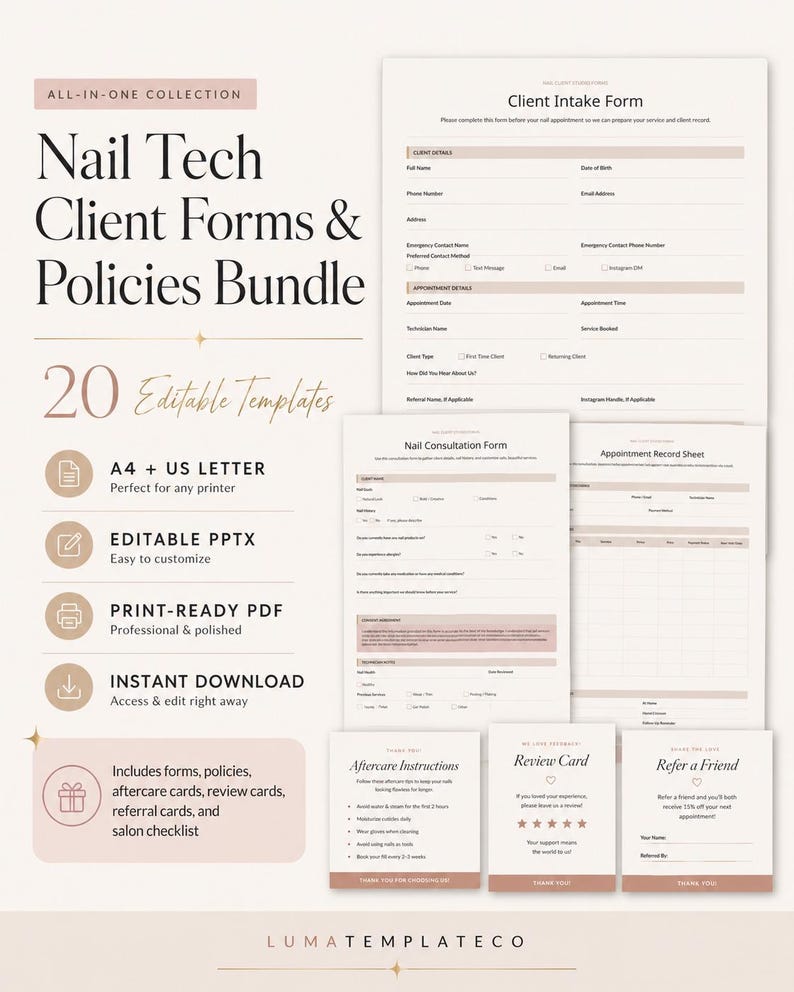K&ouml;nnte beinhalten: Ein Bundle mit 20 bearbeitbaren Nagelstudio-Kundenformularen und -Richtlinien. Die Formulare umfassen Kundenaufnahme, Beratung und Nachsorgeanweisungen. Die Vorlagen sind in A4- und US-Letter-Gr&ouml;&szlig;en erh&auml;ltlich und einfach anzupassen und zu drucken.