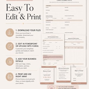 K&ouml;nnte beinhalten: Eine Sammlung druckbarer Gesch&auml;ftsformulare, darunter ein Kundenaufnahmeformular und ein Nagelberatungsformular. Die Formulare sind in neutralen Farben gehalten und tragen die Aufschrift &bdquo;Easy To Edit & Print&ldquo;. Anweisungen zum Herunterladen, Bearbeiten und Drucken.