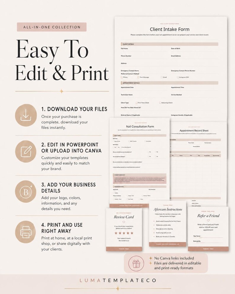 K&ouml;nnte beinhalten: Eine Sammlung druckbarer Gesch&auml;ftsformulare, darunter ein Kundenaufnahmeformular und ein Nagelberatungsformular. Die Formulare sind in neutralen Farben gehalten und tragen die Aufschrift &bdquo;Easy To Edit & Print&ldquo;. Anweisungen zum Herunterladen, Bearbeiten und Drucken.