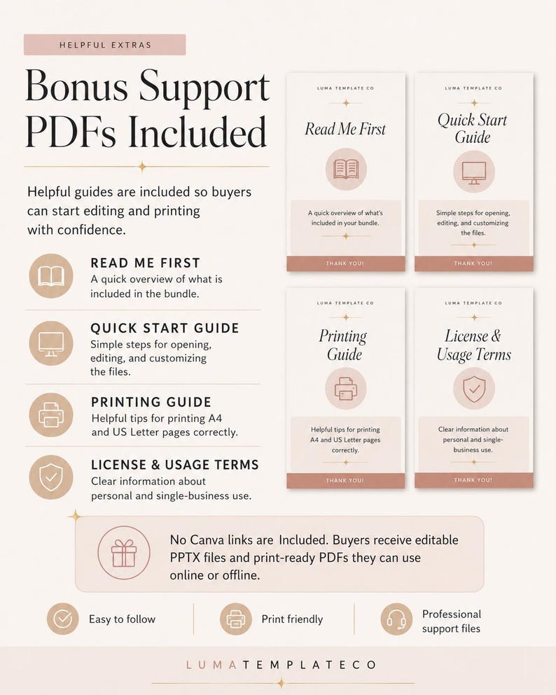 K&ouml;nnte beinhalten: Beige Grafik mit Text und Symbolen, die Bonus-Support-PDFs bewerben. Der Text enth&auml;lt "Bonus Support PDFs Included", "Read Me First", "Quick Start Guide", "Printing Guide" und "License & Usage Terms". K&auml;ufer erhalten editierbare PPTX-Dateien und druckfertige PDFs.
