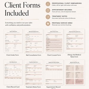 K&ouml;nnte beinhalten: Sammlung bearbeitbarer und druckfertiger Kundenformulare f&uuml;r Salons. Enth&auml;lt Formulare f&uuml;r Kundenaufnahme, Nagelberatung, Einverst&auml;ndniserkl&auml;rung, Allergie- und medizinische Notizen, etc.