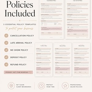 K&ouml;nnte beinhalten: Eine Sammlung von Salonrichtlinienvorlagen, darunter Stornierungs-, Versp&auml;tungs-, No-Show-, Anzahlungs- und R&uuml;ckerstattungsrichtlinien. Die Dokumente werden auf hellem Hintergrund mit dem Text "Richtlinien enthalten" und "Zum Schutz Ihres Unternehmens" angezeigt.