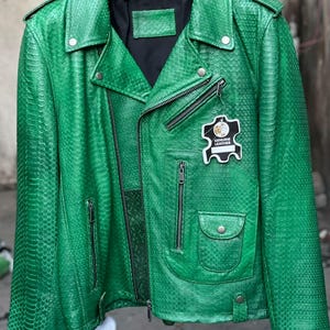 Luxury Green Snakeskin Leather Jacket – Men’s Genuine Python Biker Coat – Statement Fashion Piece