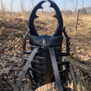 May include: Black backpack with a unique stag beetle design. The backpack features large, curved horns and segmented body panels. It has adjustable straps and a zippered closure. The bag is made of a smooth, dark material and is set against a natural outdoor backdrop.
